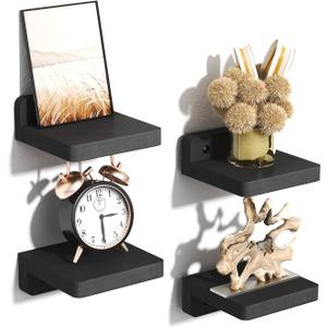 SRIWATANA Small Floating Shelves Wall Mounted, Wood Shelf for Decoration and Storage Set of 4, Mini Display Shelf for Bedroom, Bathroom, Kitchen, Office (Black, 4 inch)