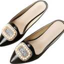 Rhinestone Mules for Women Flats Shoes Slip On Backless Loafer Pointed Toe Dress Mule Slides (6, Pu/Black)