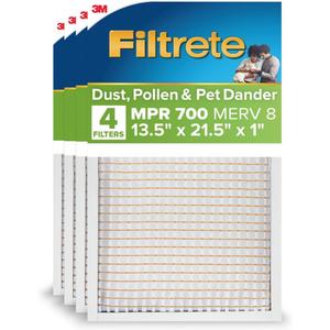 Filtrete 13.5x21.5x1 AC Furnace Air Filter, MERV 8, MPR 700, Tough on Pollen, Easy on Airflow, 3-Month Pleated 1-Inch Electrostatic Air Cleaning Filter, 4-Pack (Actual Size 13.187 x 21.187 x 0.81 in)