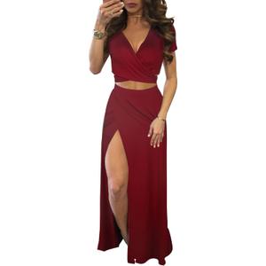 MESLIMA Women Casual 2 Piece Outfits Sexy V Neck Crop Top Boho Floral Print Beach High Split Maxi Dress Sets (Medium)