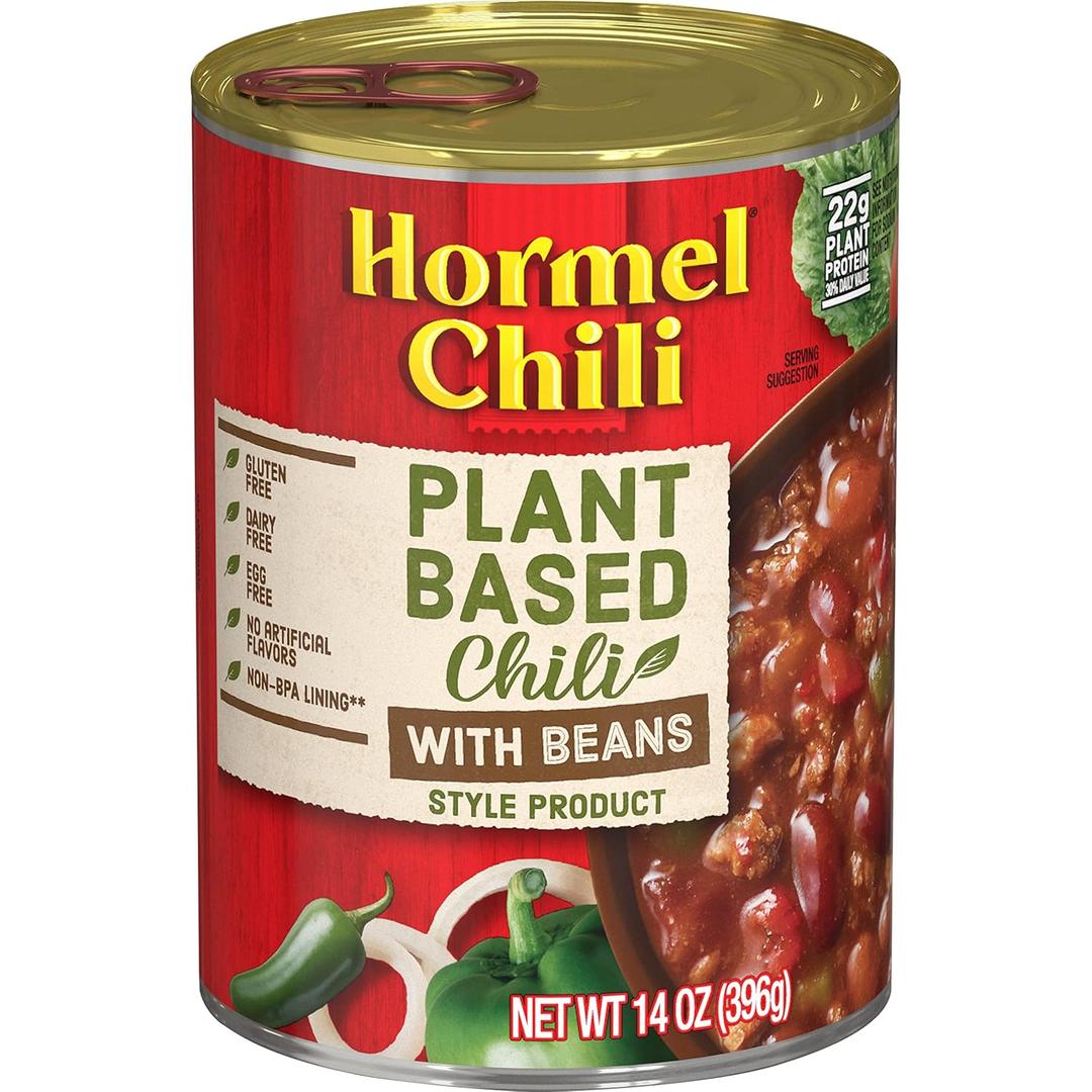 HORMEL Chili Plant-Based Chili With Beans (Pack of 12), 14 oz, 22g Protein per Serving, Gluten-Free, Egg-Free, Dairy-Free, No Artificial Flavors Added- Great for Bowls, Dips, Hot Dogs and Appetitizers (EXP 07/01/28)