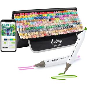 AEDAGA 280 Colors Alcohol Markers with Free App, Dual Tip Art Markers with Kickstand Case for Artists Adults,Alcohol Based Marker for Coloring Painting Sketching and Drawing, Great Gift