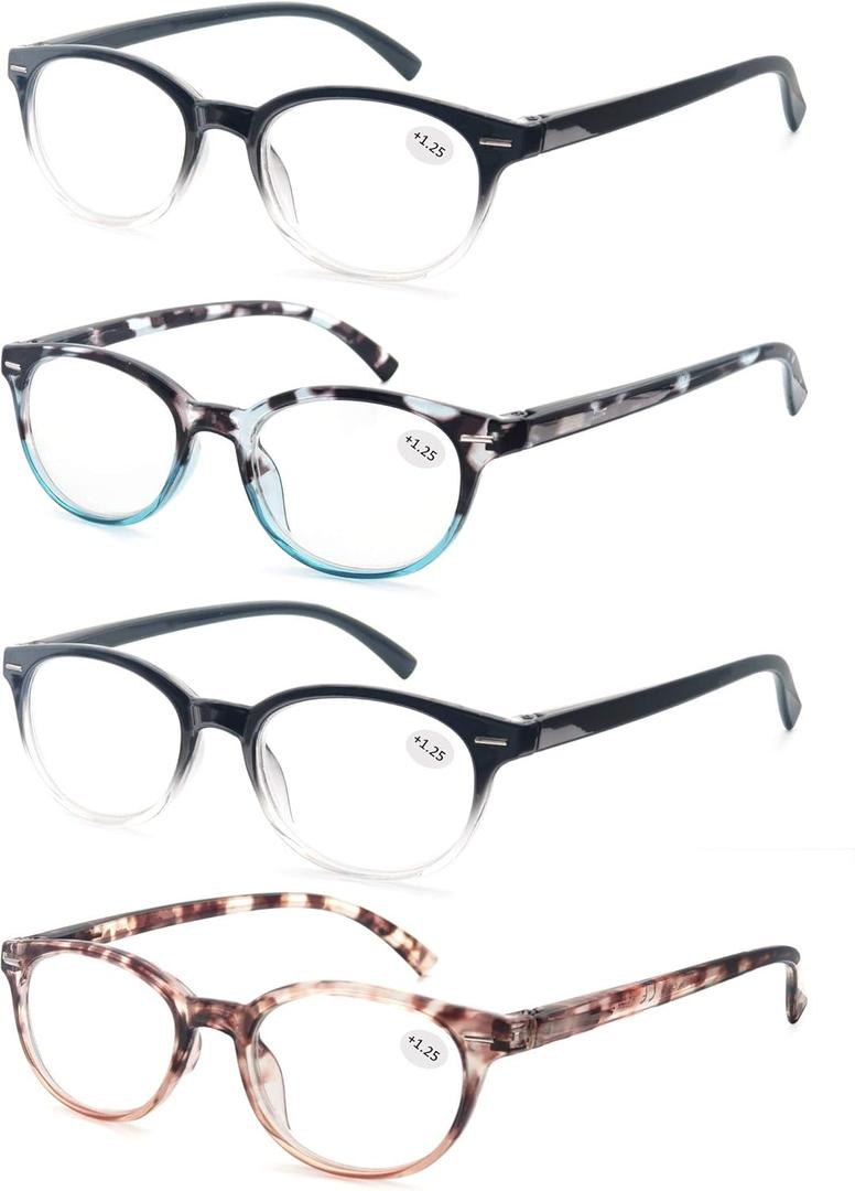 Reading Glasses Women Round Readers Glasses +5.00 for Small Head/Petite Face Cheaters W/Lightweight&Comfortable Fit 4 Pack (2 Black+1 Leopard+1 Blue Demi)