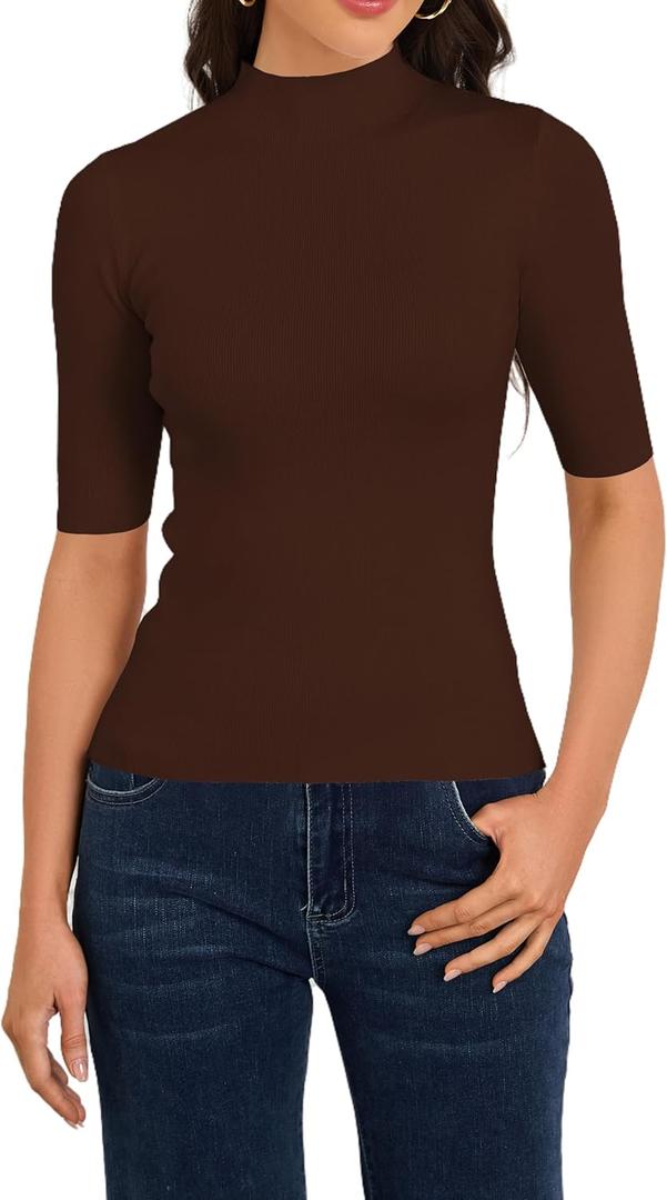 Women's Short Sleeve Sweaters Dressy Casual Mock Turtleneck Shirt Highly Stretchy Ribbed Knit Fitted Top Blouse (Large, Mocha)