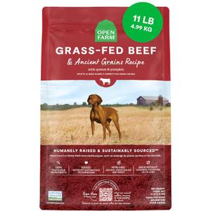 Open Farm, Ancient Grains Dry Dog Food, Protein-Rich & Nutrient Dense, 90% Animal Protein Mixed with Non-GMO Fruits, Veggies and Superfoods, Grass-Fed Beef Recipe, 11lb Bag, Best By: 09/18/2026