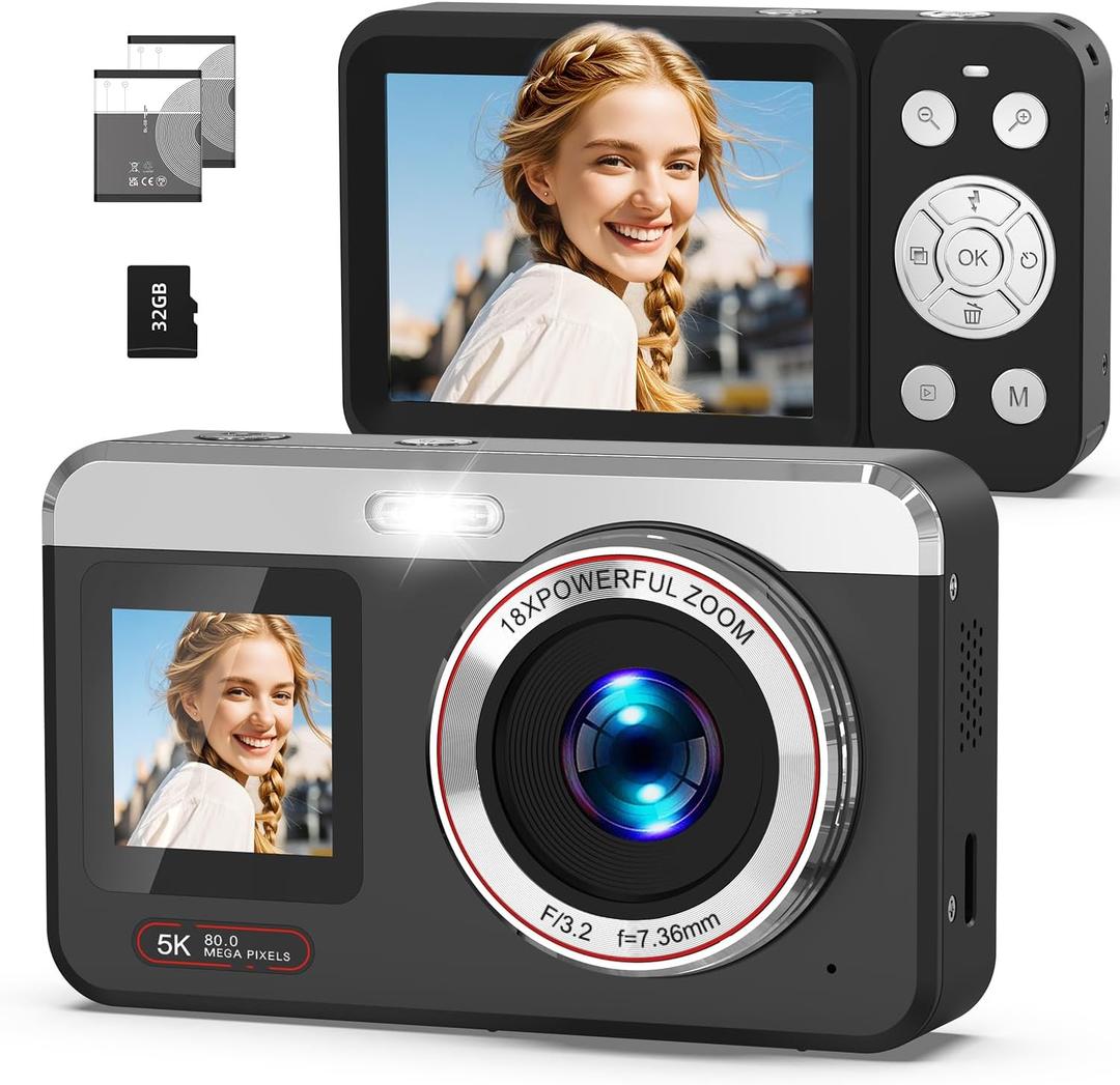 5K Digital Camera, 80MP Dual Screen Autofocus Vlogging Camera, 18X Zoom Point and Shoot Camera for Photography, Flash, 32GB Card, 2 Batteries, Compact Camera for Teens Adults (Black)