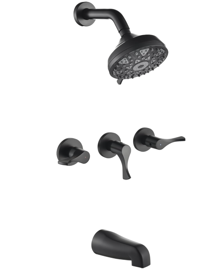 Matte Black 3 Handles Shower Faucet Set with Tub Spout Bathtub Shower Faucets Combo Set Shower System Complete Tub and Shower Trim Kit Shower Fixtures