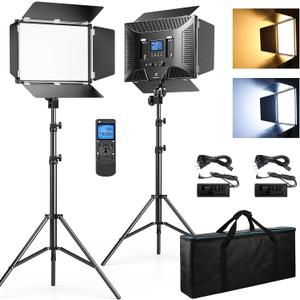 D50 Photography Lighting with Barn Door, 2-Pack 15.4" LED Video Light with Remote, 45W 3000K-8000K Dimmable Bi-Color Panel Light for Live Streaming/Wedding Shooting/Video Recording/Studio/Film