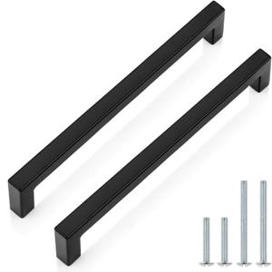 Probrico 10 Pack Matte Black Stainless Steel Modern Square Cabinet Pulls, 7-9/16" Hole Centers, 8" Overall Length, 1-2/5" Height, 1/2" Width, 2 Screw Sizes (1" & 1.8")