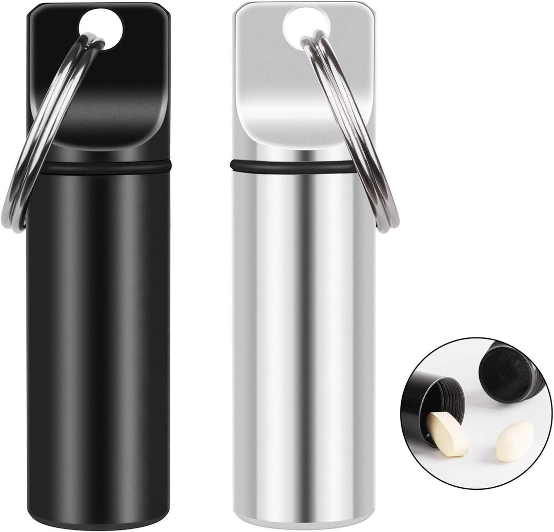2 Pack Small Pocket Pill Box Keychain, Portable Mini Aluminium Alloy Pill Organizer Case Container for Purse, Waterproof Metal Pill Holder Medicine Bottle for Outdoor Camping Travel (Black & White)