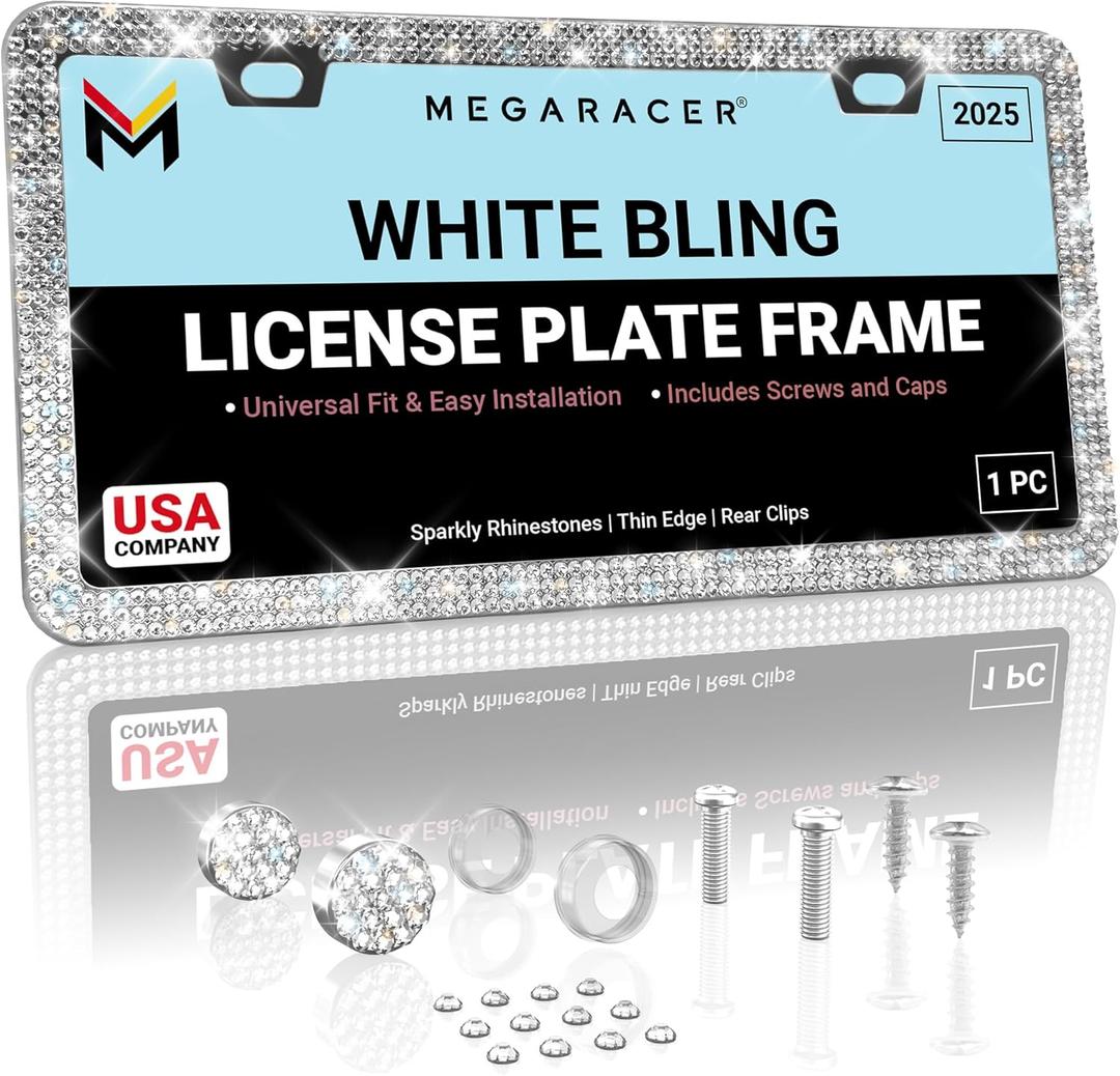 Dazzling Bling License Plate Frame for Women - 1 Piece, 800 Premium Rhinestones, Rust-Free Stainless Steel, Street Legal Slim Design, Sparkly Diamond Car Tag Holder with Glitter Crystal Screw Caps
