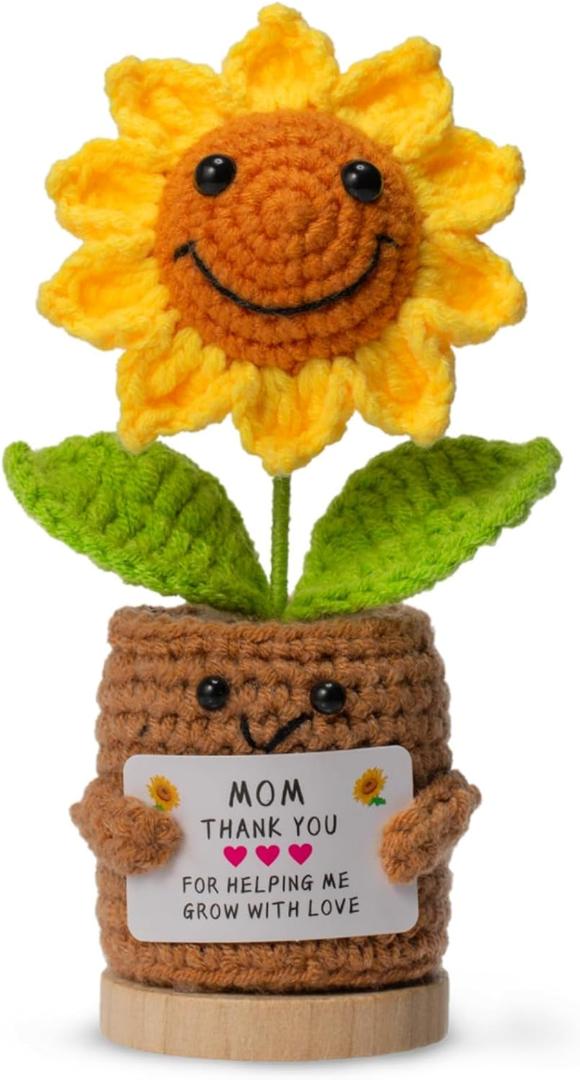 Levvohd Thank You Gifts for Mom from Daughter, Crochet Sun Flower Desk Decor Accessories are The Best Positive Gifts for Women Mothers Day Birthday (Brown Sunflower MOM - A)