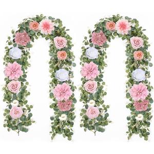 Waipfaru 2 Pcs Flower Garland, 12.14ft Eucalyptus Garland Vines with Flowers for Wedding Reception Table Mantle Spring Room Decor (Rose Pink)