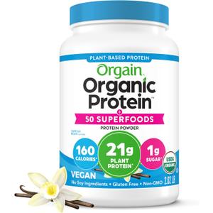 Orgain Organic Vegan Protein + 50 Superfoods Powder, Vanilla Bean - 21g Plant Based Protein, 8g Prebiotic Fiber, No Lactose Ingredients, Gluten Free, No Added Sugar, Non-GMO, 2.02 lb (EXP 02/01/27)