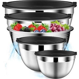 DUTZUN Mixing Bowls with Lids Set, Stainless Steel Mixing Bowls with Colander, Strainer with Mixing Bowl Set, Serving Bowl Kitchen Gift, Size 4.5, 2.5, 2, 1.5QT - Black