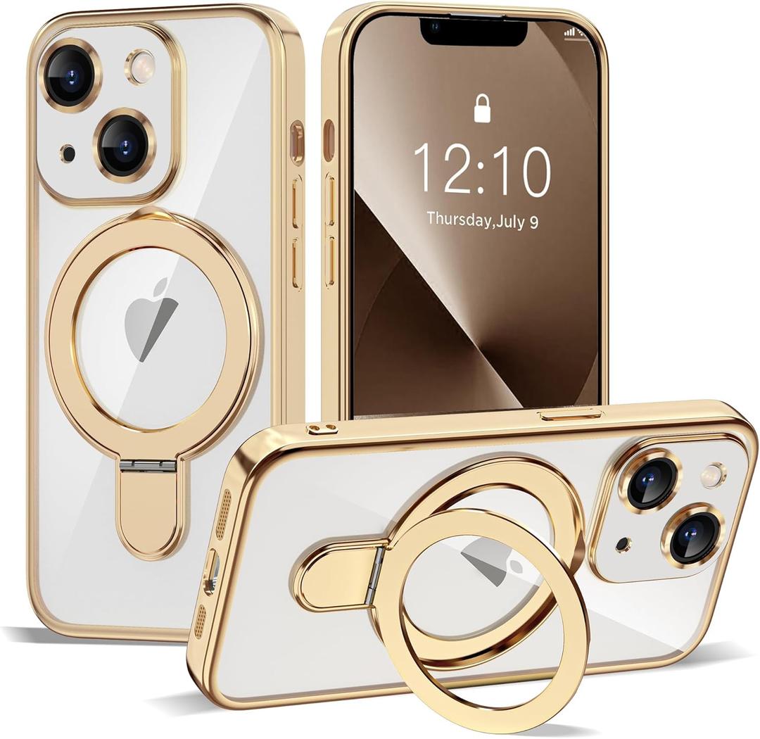 Compatible with iPhone 13 Case with Invisible Magnetic Ring Stand [Compatible with Mag-Safe] [Full Camera Lens Protector] Plating Clear Phone Case for iPhone 13 6.1", Gold