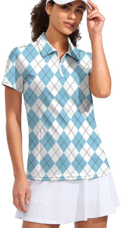 Viodia Women's Golf Shirt Short Sleeve with Zip Up Quick Dry Stretch Tennis Collared Polo Shirts for Women Golf Clothes (Medium, Blue Plaid)