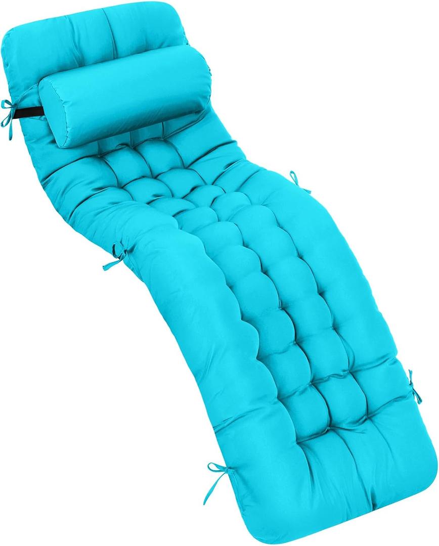 Tudomro 66'' Outdoor Chaise Lounge Cushion Waterproof Patio Pool Chaise Lounge Cushion with Headrest Pillow Tie Fade Resistant Replacement Longue Rocking High Back Chair(Blue,1 Pcs)