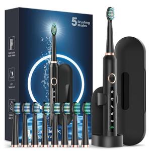 Rtauys Electric Toothbrush for Adults, 8 Brush Heads & Travel Case,5 Modes with 2 Minutes Built in Smart Timer, One Charge for 120 Days, 41000 VPM Motor (Black)
