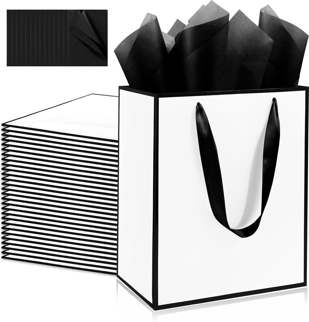 Addblu 28 Pack Bulk Luxury Gift Bags with Handles, Medium Size 9x7x3.15 Inches - Includes 28 Tissue Papers for Wedding, Birthday, Baby Shower, Easter, Mother's Day & Party Favors (White with black border)