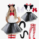 Womens Cat Costume Set, Red White Striped Furry Ear Headband & Tutu Halloween Spirit Day Cosplay Outfits Accessories (Red Striped)