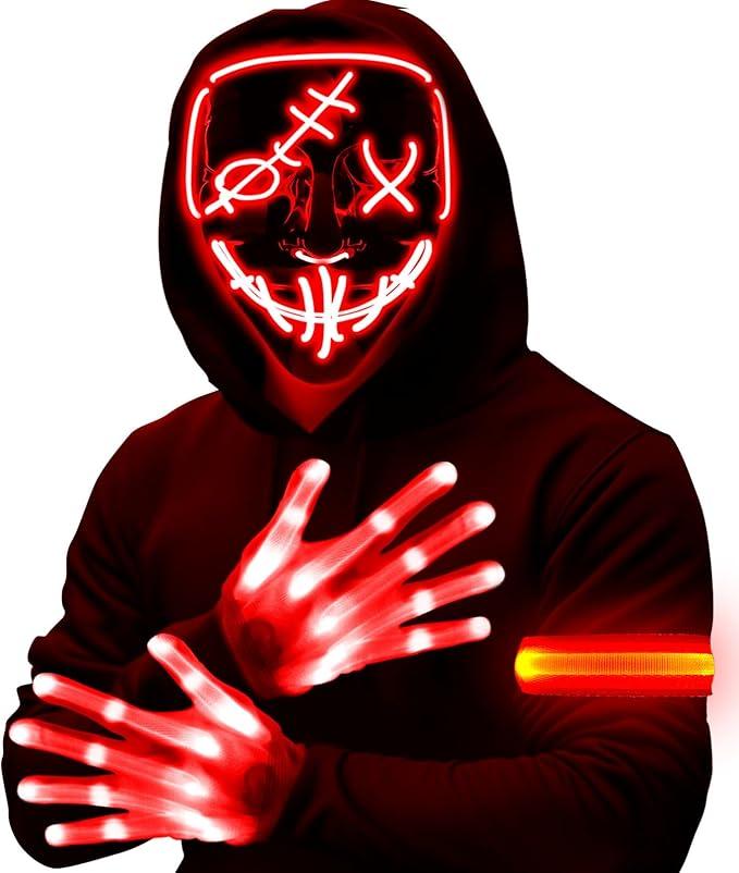 Halloween LED Mask Light Up Mask Glow in The Dark Cosplay EL Wire Halloween Festival Party Supplies for Adults (Red)
