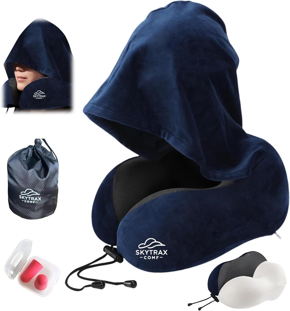 Travel Pillow with Extra Large Hood for Airplane Long Flights Privacy and Comfort Memory Foam with Velvet Cover for Road Trip Head&Neck Support for Plane Office Cars Sleeping & Rest (Navy Blue)