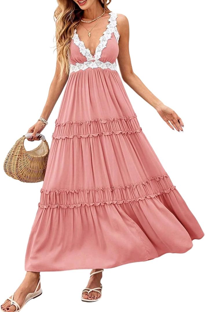 Women's Summer Beach 2025 Maxi Dress Solid Color Boho V Neck Lace Wide Shoulder Strap Long Dresses Flowy Trendy Sundress with Pockets(Pink S) Women's Summer Beach 2025 Maxi Dress Solid Color Boho V Neck Lace Wide Shoulder Strap Long Dresses Flowy Trendy Sundress with Pockets(Pink S)