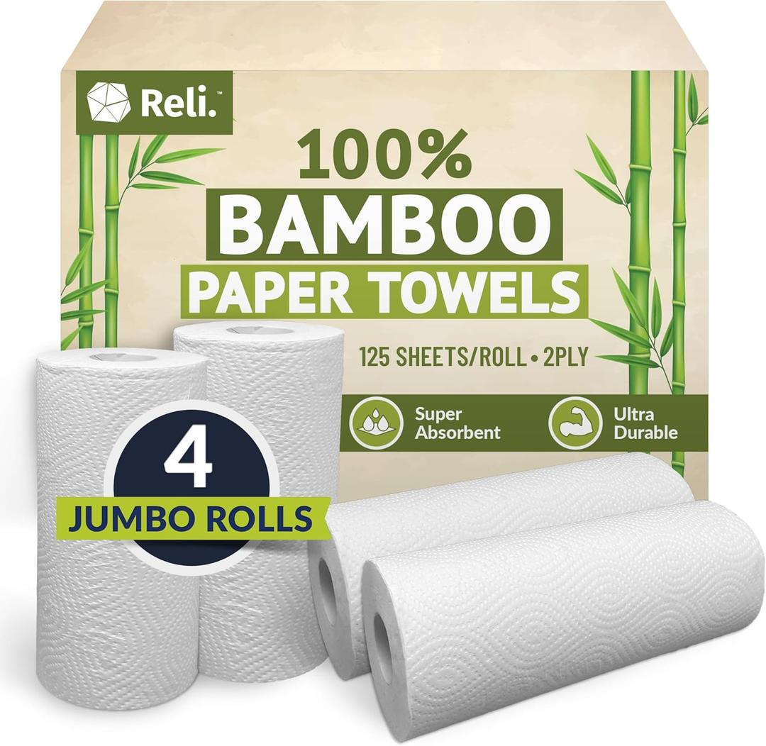 Reli. Bamboo Paper Towels (4 Pack, Jumbo) | Paper Towels Rolls 2 Ply | 125 Sheets/Roll, Full Size Sheets | Unbleached, Organic Rolls for Kitchen, Bathroom | 100% Bamboo Reli. Bamboo Paper Towels (4 Pack, Jumbo) | Paper Towels Rolls 2 Ply | 125 Sheets/Roll, Full Size Sheets | Unbleached, Organic Rolls for Kitchen, Bathroom | 100% Bamboo