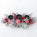 Christmas Candle Holder Centerpiece with Red Ornaments & Berries, Frosted Pine Branches with Candle Tray, Winter Holiday Table Decoration for Dining Room or Mantel Display