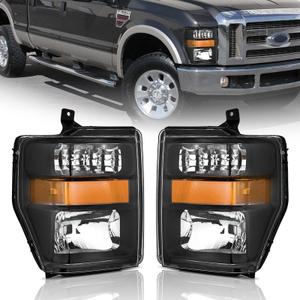 WEELMOTO For 2008-2010 Ford F250 F350 F450 F550 Super Duty Headlight Assembly, 2008 2009 2010 Headlight Pair Replacement Black Housing Left+Right Side