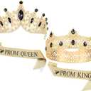 4 Pcs Prom King and Queen Crowns and Sashes Set Graduation Prom King and Queen Tiara Sash for 80's Prom Party Favors(Black)