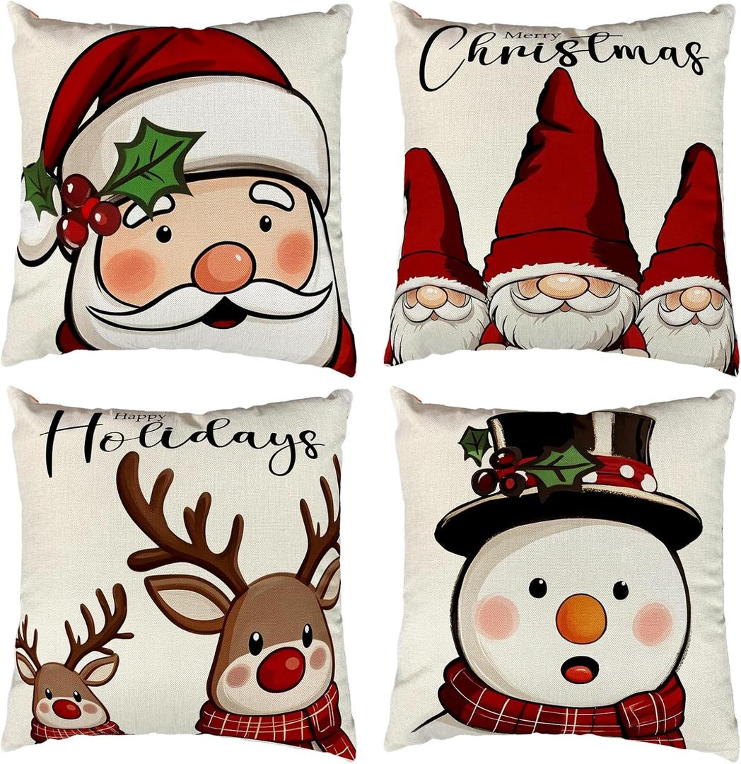 4Pcs Christmas Throw Pillow Covers,18x18 Inch Santa Claus Elk Snowman Gnome Pillow Covers,Square Merry Christmas Pillows Cover,Winter Holiday Cushion Case for Room Sofa Patio Bedroom Decor
