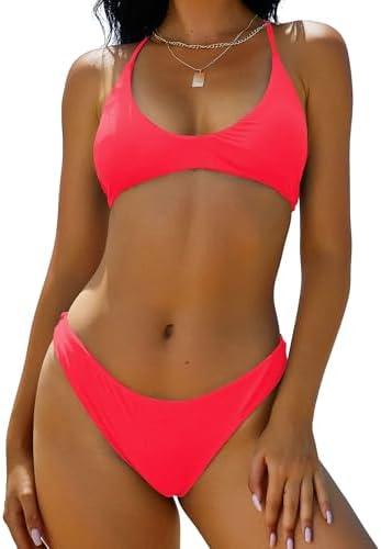 ZAFUL Women's Tie Back Padded High Cut Bralette Bikini Set Two Piece Swimsuit, Medium