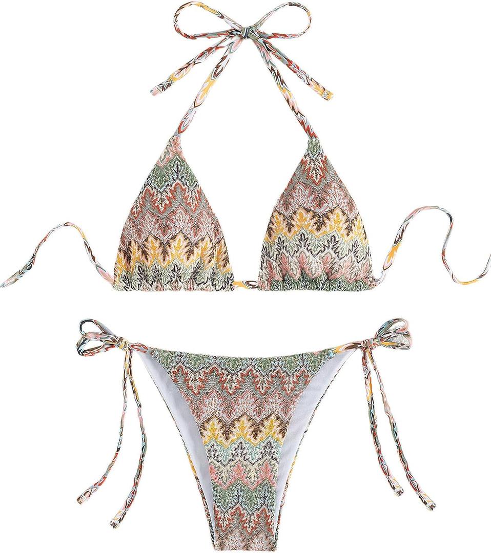 SHENHE Women's 2 Piece Swimsuit Floral Print Halter Tie Side Triangle Bikini Set (Multicolor Chevron), Small