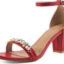 Womens High Heels Comfortable: Open Toe Ankle Strap Chunk Heeled Sandals - Buckle Rhinestone Heel for Prom Wedding (8, Red)