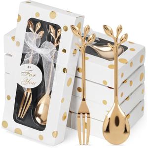 30 Pcs Wedding Forks and Spoon Set, Leaf Flower Coffee Teaspoon with Gift Box, Wedding Baby Shower Return Gift Tea Party Decoration Souvenir or Bridal Shower Favors for Guests