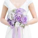 Wedding Bouquet for Bride - Premade Simple Artificial Roses Flowers for Bridal Shower Destination Ceremony Anniversary Decorations (Lilac & White)