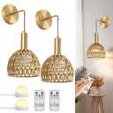 Boho Battery Operated Wall Sconce, Wireless Sconces Set of 2 with Remote, Rattan Upgrade Rechargeable Wall Sconces Set of Two for Bedroom, Living Room, Entryway, 3 Colors Dimmable (Gold)