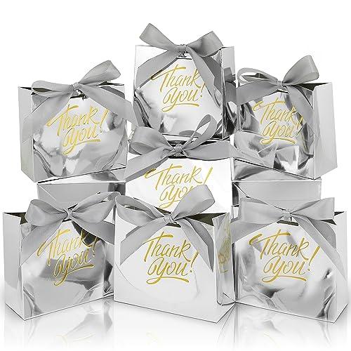 DOYIDE 100 Pack Small Thank You Gift Bags, 4.5x1.8x3.9in Party Favor Bags Boxes with Bow Ribbon, Small Paper Gift Bags with Gold Foil Printed, Mini Candy Treat Bags for Birthday Wedding Party Holiday