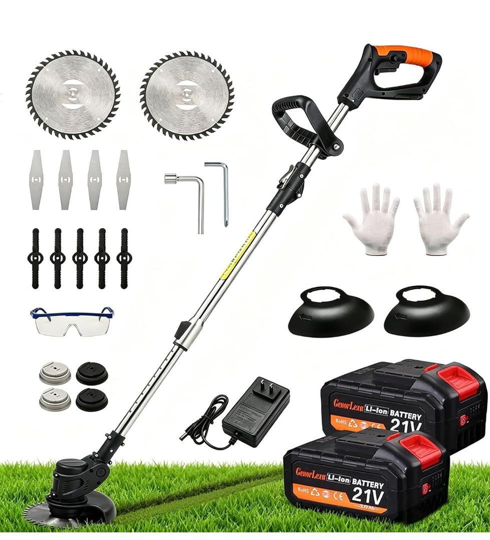 21V Electric Weed Wacker, Cordless Brush Cutter String Trimmer with Adjustable Pole & 2x3.0Ah Battery-Powered Weed Wacker, Lightweight & Low Noise, Foldable 3-in-1 Weed Eater for Outdoor, Garden, Yard