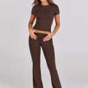 ANRABESS Lounge Sets for Women 2 Piece Foldover Yoga Flare Leggings Pants Crop Tops Casual Y2K Outfits Matching Tracksuit Set (Brown, M)