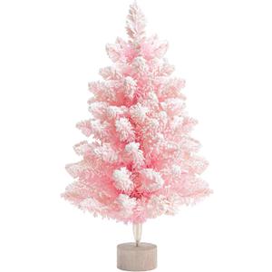 2FT Artificial Christmas Tree Pink Tabletop Christmas Tree with Wooden Stand Snow Flocked Mini Xmas Pine Tree for Christmas Indoor Outdoor Holiday Home Decoration