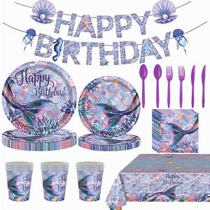 170Pcs Mermaid Birthday Party Decorations , Mermaid Party Supplies Set Includes Napkins, Tablecloths, Cups, Plates, Knives, Forks, Spoons, Ocean Theme Birthday Party Banners, Serves 24