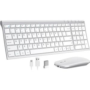 seenda Rechargeable Wireless Keyboard Mouse, Ultra Thin Low Profile Wireless Keyboard and Mouse with Number Pad, Quiet Portable Combo Compatible for Windows XP/7/8/10/11/11 Pro, Silver White