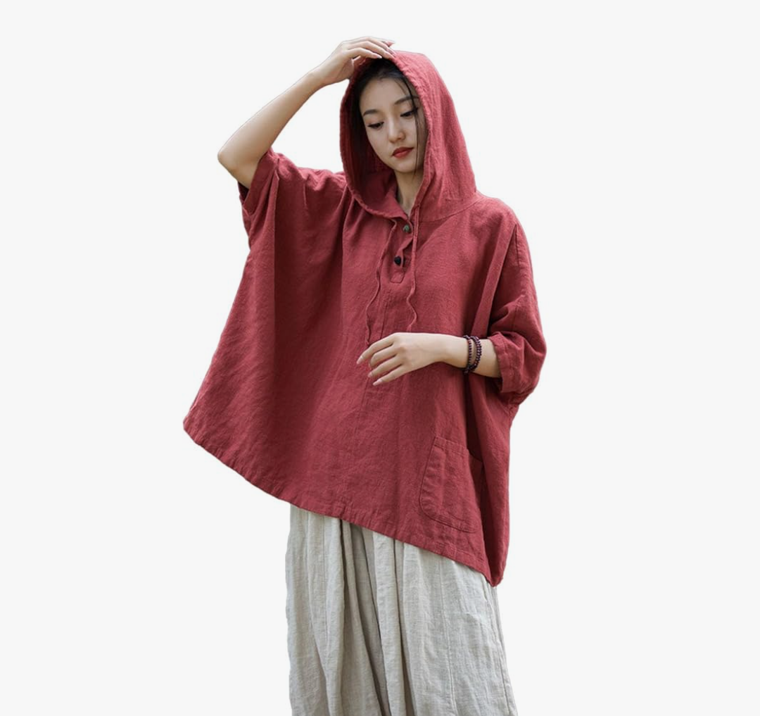 Women's Linen Hooded T-Shirt top with Casual Button Down Cape Style 3/4 Sleeve top Size XL