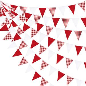 32Ft Red Party Decorations Red Plaid Checkered White Triangle Flag Gingham Pennant Bunting Fabric Garland for Christmas Wedding Birthday Carnival Picnic X-mas Outdoor Home Party Festivals Decoration (Red Checkered)