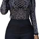 UEOIOW Women's Mesh Tops Glitter Sparkle Rhinestone Shirts See Through Tees Sheer Going Out Blouse (Medium, #23 Black)