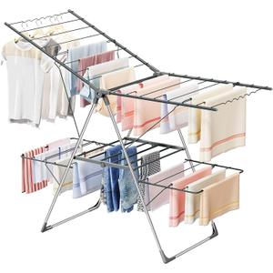 Bigzzia Clothes Drying Rack Foldable, 2-Level Large Laundry Drying Rack Collapsible, Stainless Steel Drying Rack Clothing for Indoor Outdoor, Easy to Fold, 33 Drying Rails, 142cm, Gray Bigzzia Clothes Drying Rack Foldable, 2-Level Large Laundry Drying Rack Collapsible, Stainless Steel Drying Rack Clothing for Indoor Outdoor, Easy to Fold, 33 Drying Rails, 142cm, Gray