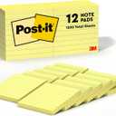 Post-it Notes, 3 in x 3 in, 12 Lined Sticky Notes Pads, 100 Sheets per Pad, The Iconic Canary Yellow Note, New Year Organization or Second Semester School Supplies